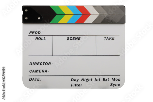 Foto Film slate or Flying clapperboard, isolated on transparent background, Movie ind