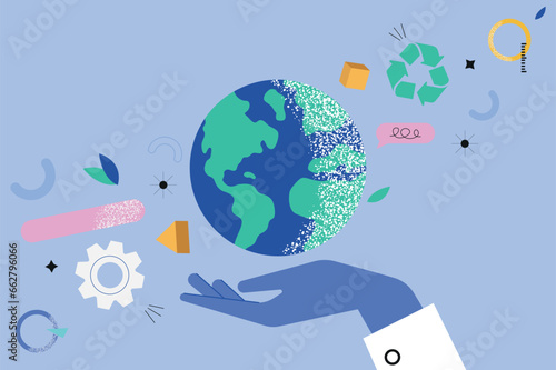 Save the planet hands concept in the flat cartoon style. The main idea of the picture is to save the planet in our hands. Vector illustration.
