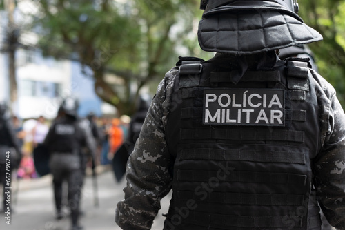 Military police soldiers are seen during the Brazilian Independence Day parade in the city of Salvador, Bahia.