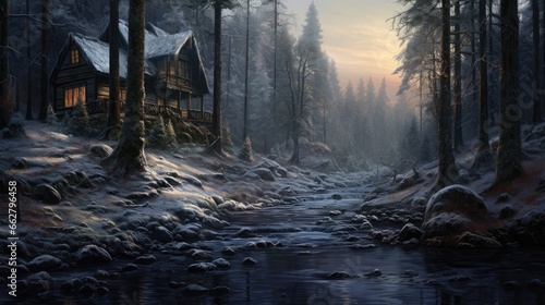 winter morning, house in a snowy forest photo