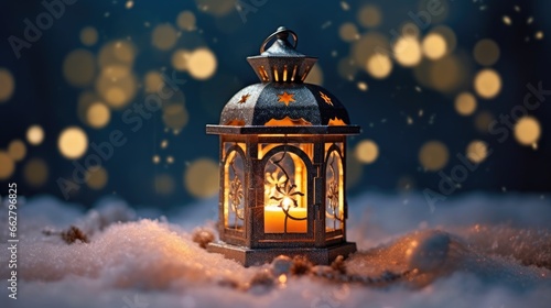 Christmas lanternon snow with bokeh background. Merry Christmas and New Year concept. © kanpisut