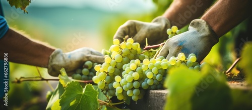 Italian vineyard worker cutting white grapes from vines With copyspace for text photo