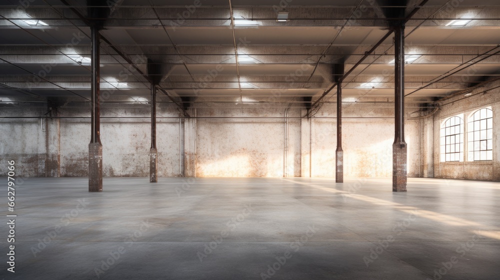 Industrial loft style empty old warehouse interior.