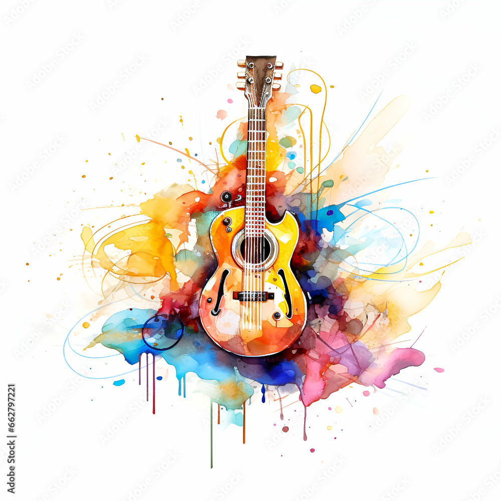 Watercolor illustration of a guitar on the white background.