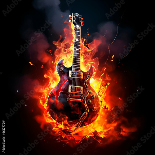 An electric guitar set ablaze, its strings and body consumed by a mesmerizing inferno. The vivid orange and red flames create a chaotic yet captivating scene.