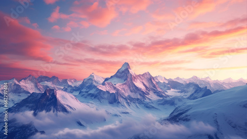 beautiful panoramic view of snowy mountains at sunset