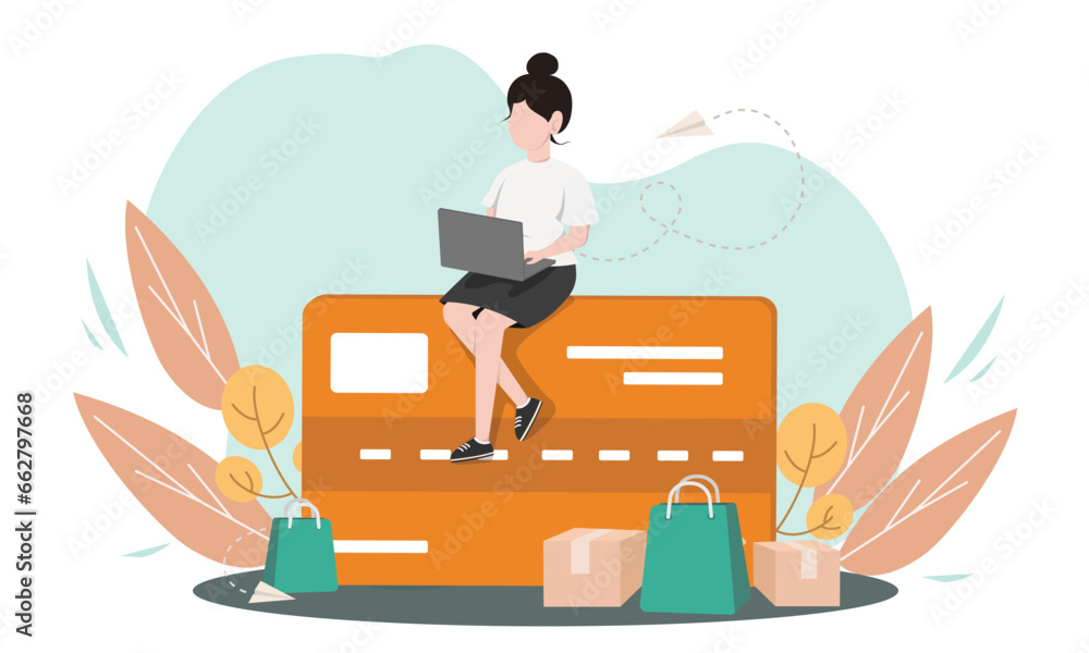 Digital payment an E wallet, online transaction with woman using laptop computer for online shopping. Credit card cashless purchase concept. vector illustration Digital payment an E wallet, online transaction with woman using laptop computer for online shopping. Credit card cashless purchase concept. vector illustration