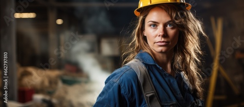 Female contractor in overalls and hard hat holding demolition hammer at construction site confidently facing the camera