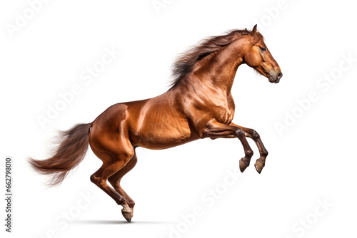 Beautiful brown horse rearing on white background