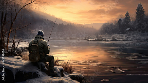 fisherman on the river on an early winter frosty morning