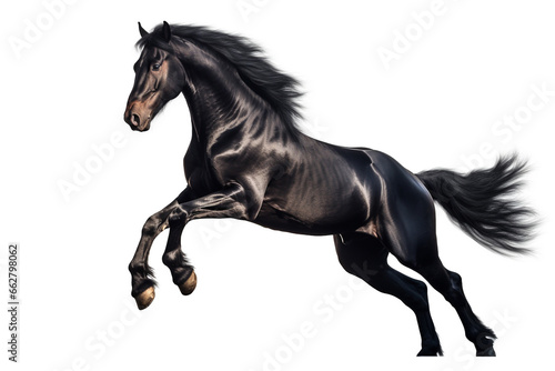 Beautiful black arabian horse rearing on white background
