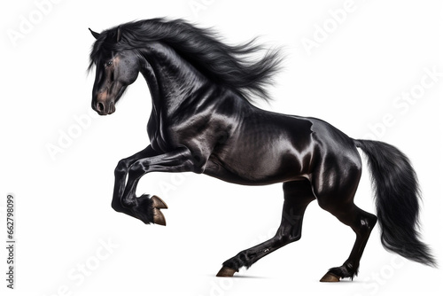 Beautiful black arabian horse rearing on white background
