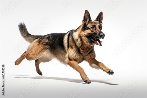 k9 or german shepherd police dog running isolated on white background. Guardian dog. © thebaikers