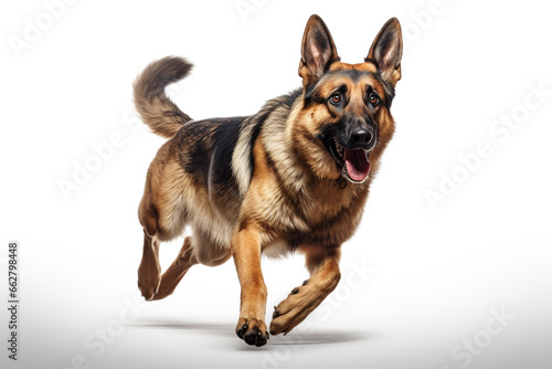 k9 or german shepherd police dog running isolated on white background. Guardian dog.