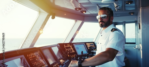 Obraz na płótnie Captain in control of the cruise, Navigation officer on watch during cargo opera