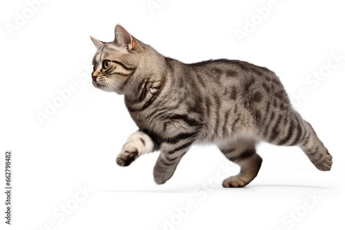 cute taby playful kitten running isolated on white background