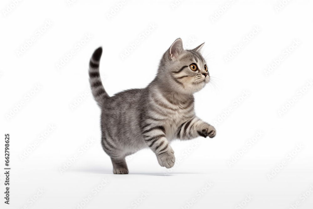 cute playful kitten running isolated on white background