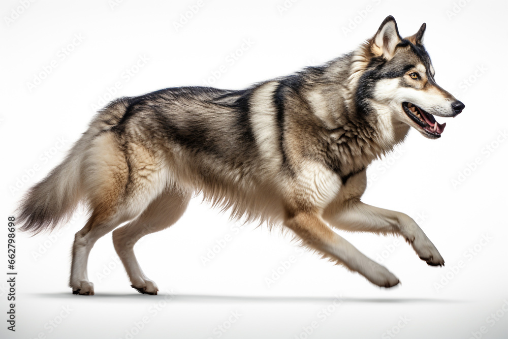 Happy alaskan malamute dog jumping and running isolated on white background