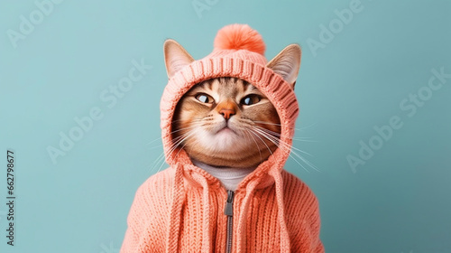 Cat dressed in winter clothes portrait on isolated background - ai generative
