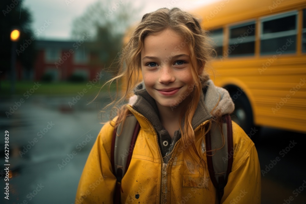 Fototapeta premium Portrait of young girls children and bus going back home looking forward smiling excited, Generative AI