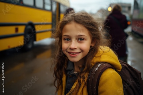 Portrait of young girls children and bus going back home looking forward smiling excited, Generative AI