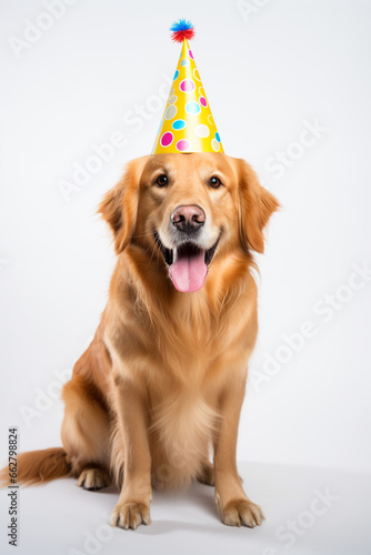 golden retriever dog with birthday party hat standing in fornt of white wall, medium closeup shoot © thebaikers