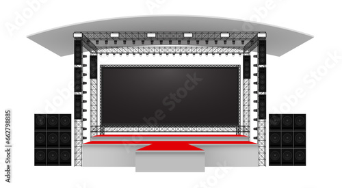 red stage and speaker with led screen on the truss system on the white background	
