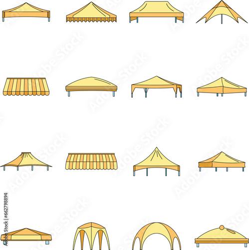 Canopy shed overhang icons set. Outline illustration of 16 canopy shed overhang vector icons thin line color flat on white