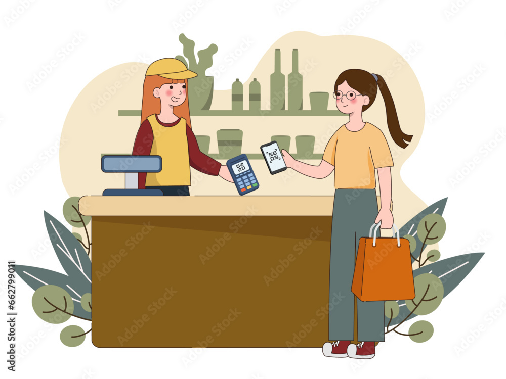 Customer use mobile cashless payment system or scan qr code. Characters using digital banking service and application Contactless pay. vector illustration