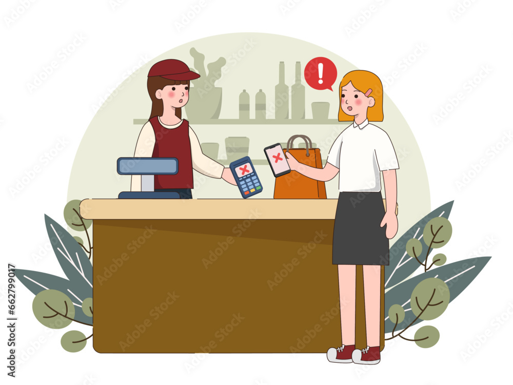 Contactless cashless payment with credit card on mobile phone. paying problem fail or reject on screen. vector illustration