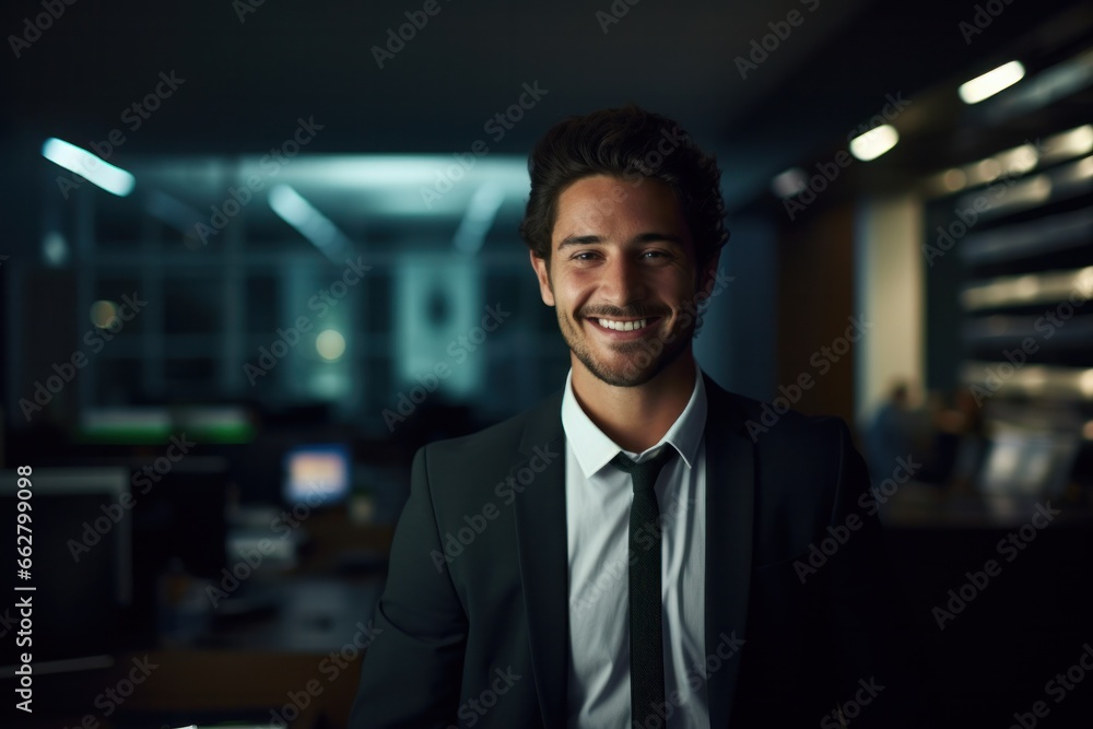 Portrait of a handsome CEO businessman smiling at modern office, Generative AI