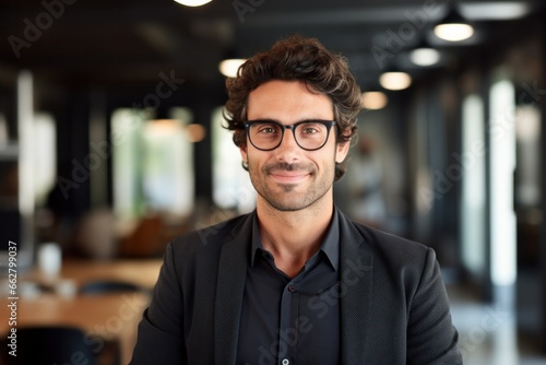 Portrait of a handsome CEO businessman smiling at modern office, Generative AI © tonstock