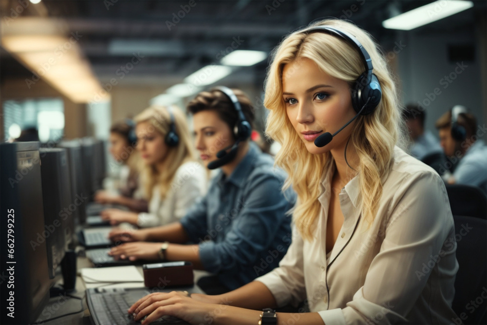 Wide view of beautiful blonde Russian girl working on computer accompanied by a group of call center operators Wide view of beautiful blonde Russian girl working on computer accompanied by a group of call center operators