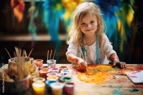 Portrait of cheerful kid girl painted in bright colors, Generative AI