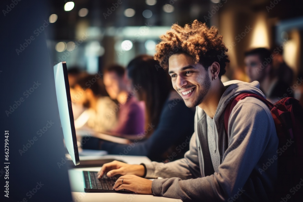 Portrait of teen male student in university with laptop and writing notes while preparing for exam in library, Generative AI Portrait of teen male student in university with laptop and writing notes while preparing for exam in library, Generative AI