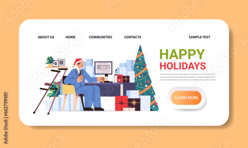 disabled man data entry clerk in festive santa claus hat working with database on computer people with disabilities merry christmas new year holidays celebration