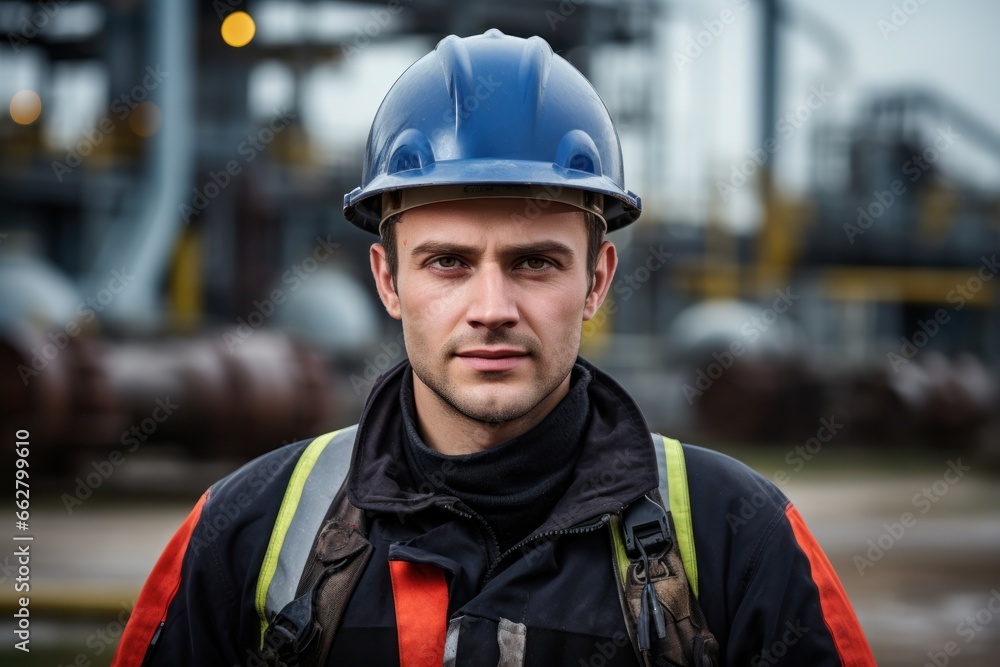 Obraz premium Portrait of engineer woman / man or architect with safety helmet in construction site, Generative AI