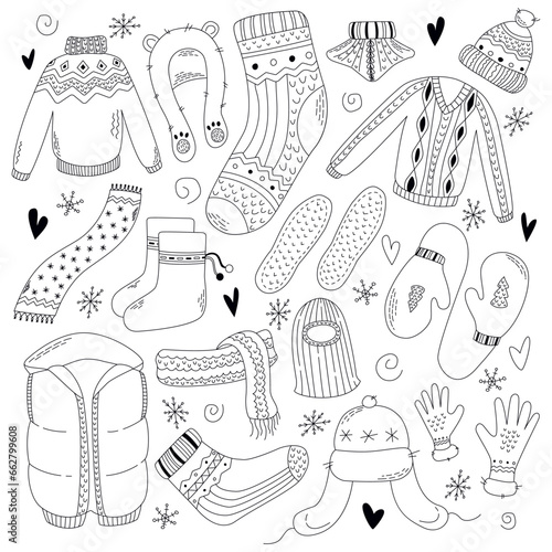 Collection of winter clothes. Set of winter accessories. Hand drawn winter hats, scarfs, mittens and socks. Knitted wool clothes. Vector illustration in doodle style