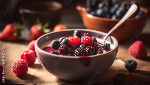 Fresh berry yogurt parfait with granola and dark chocolate shavings generated by AI