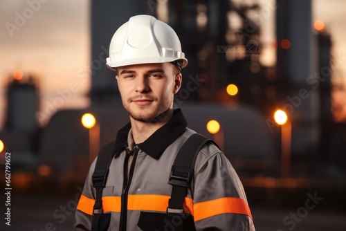 Portrait of engineer woman / man or architect with safety helmet in construction site, Generative AI