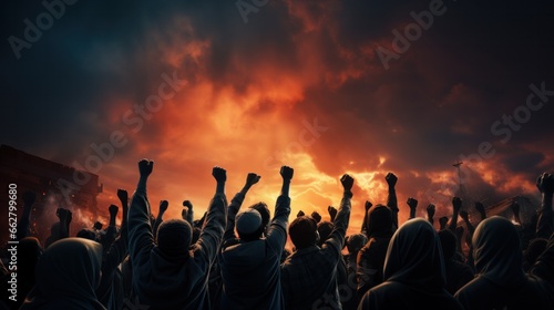Arms raised in protest protestors fists raised up in the air, Generative AI © tonstock