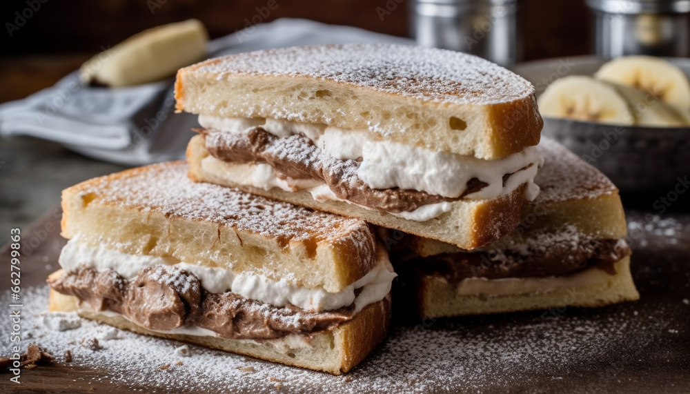 Indulgent gourmet dessert: fresh fruit slice on homemade chocolate bread generated by AI