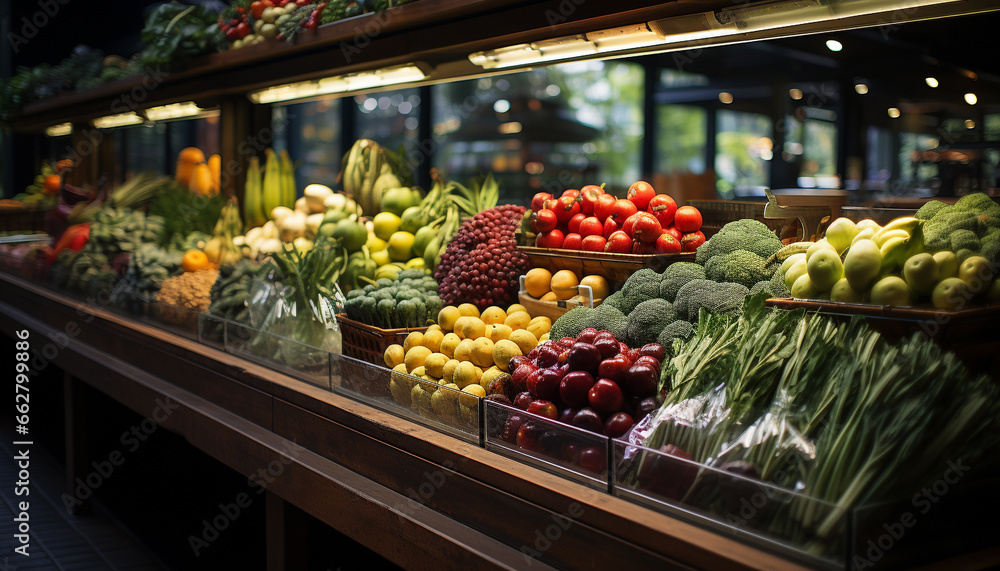 Freshness and variety of fruits and vegetables in a supermarket generated by AI