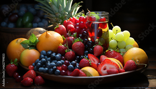 Freshness of summer berries on a wooden table  nature delight generated by AI