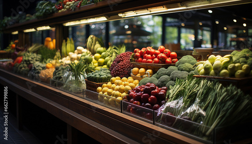 Freshness and variety of fruits and vegetables in a supermarket generated by AI