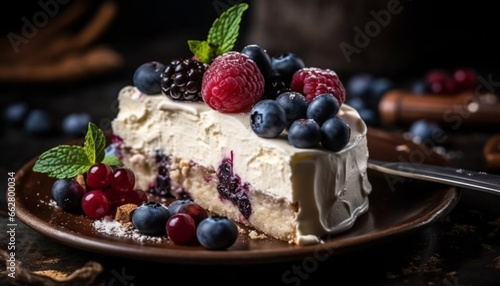 Indulgent homemade berry cheesecake with fresh fruit and whipped cream generated by AI