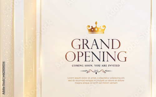 Grand opening luxury invitation design template with glitter light effects, golden elements and 3d editable text effect
