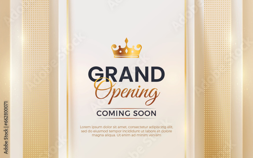 Grand opening luxury invitation design template with glitter light effects, golden elements and 3d editable text effect