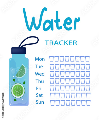 Daily water tracker. Reusable sport bottle with lemon and herbs. Water balance. Vector 3d cartoon illustration