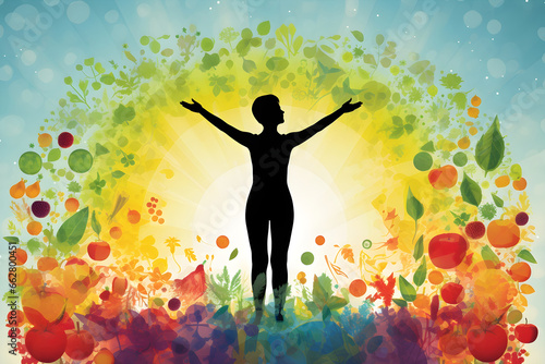 The silhouette of a woman surrounded by fresh fruits and vegetables. Active healthy life concept